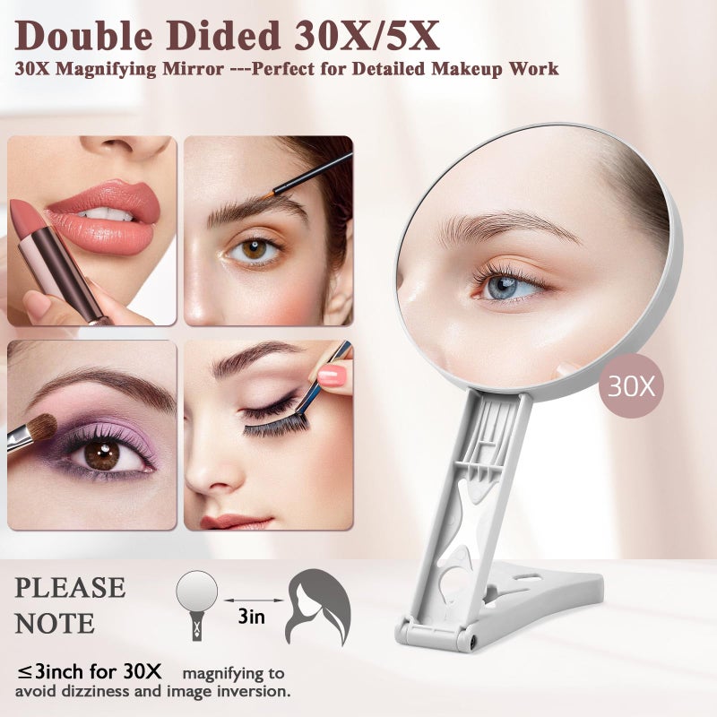 Suupvaor Magnifying Mirror 30X/5X Double Sided Hand Mirror Precision Makeup at 30X Magnification & Overall View at 5X Travel Handheld Magnified Makeup Mirror with Handle & Table Stand  Vanity Cosmetic Mirror - Image 2